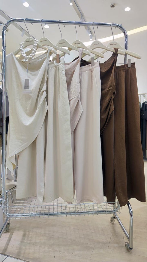 Ladies Safin Twist Asymmetrical Sleeves Blouse With Trousers Sets
